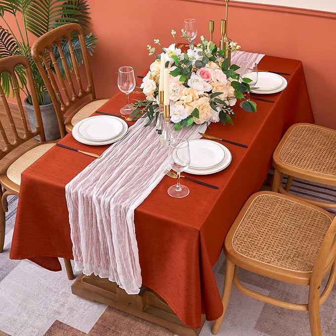 Fitable Faux Linen Rectangle Tablecloths 60 x 102 Inch - 2 Pack Rust Table Cloth for 6-8 Foot Tables, Faux Burlap Kitchen Table Cover for Thanksgiving Autumn Dining Party Farmhouse Banquet Buffet