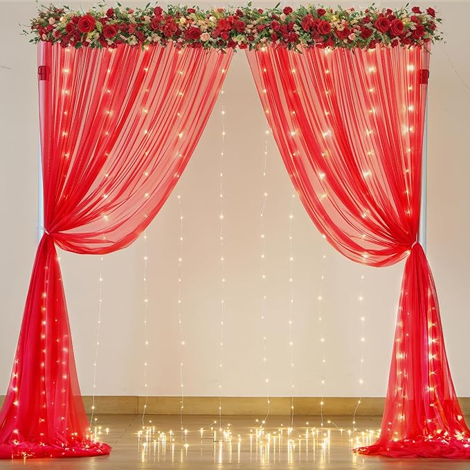 Red Tulle Backdrop Curtain with Lights String for Parites 10x8ft Red Sheer Backdrop Curtains Drapes for Birthday Party Bridal Shower Baby Shower Christmas Wall Photo Booth Background Decorations