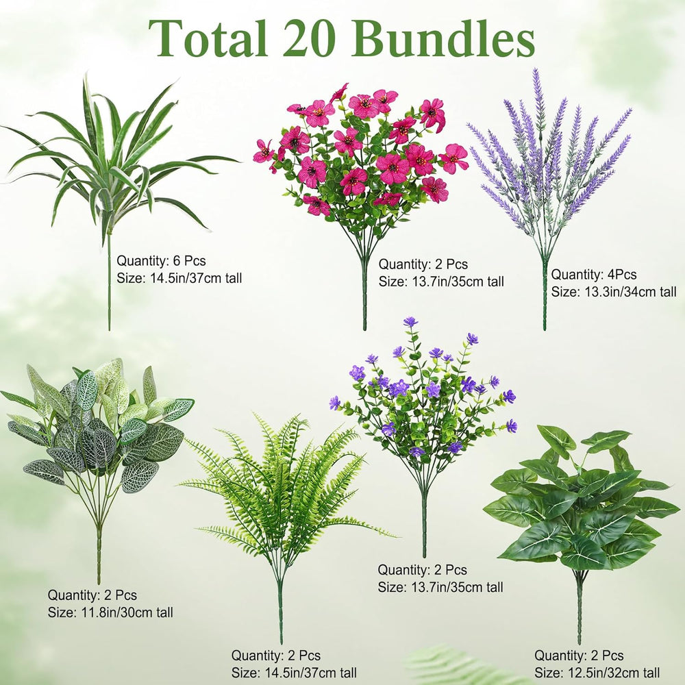 20 Bundles Artificial Plants Outdoor Fake Flowers Faux Greenery Stems