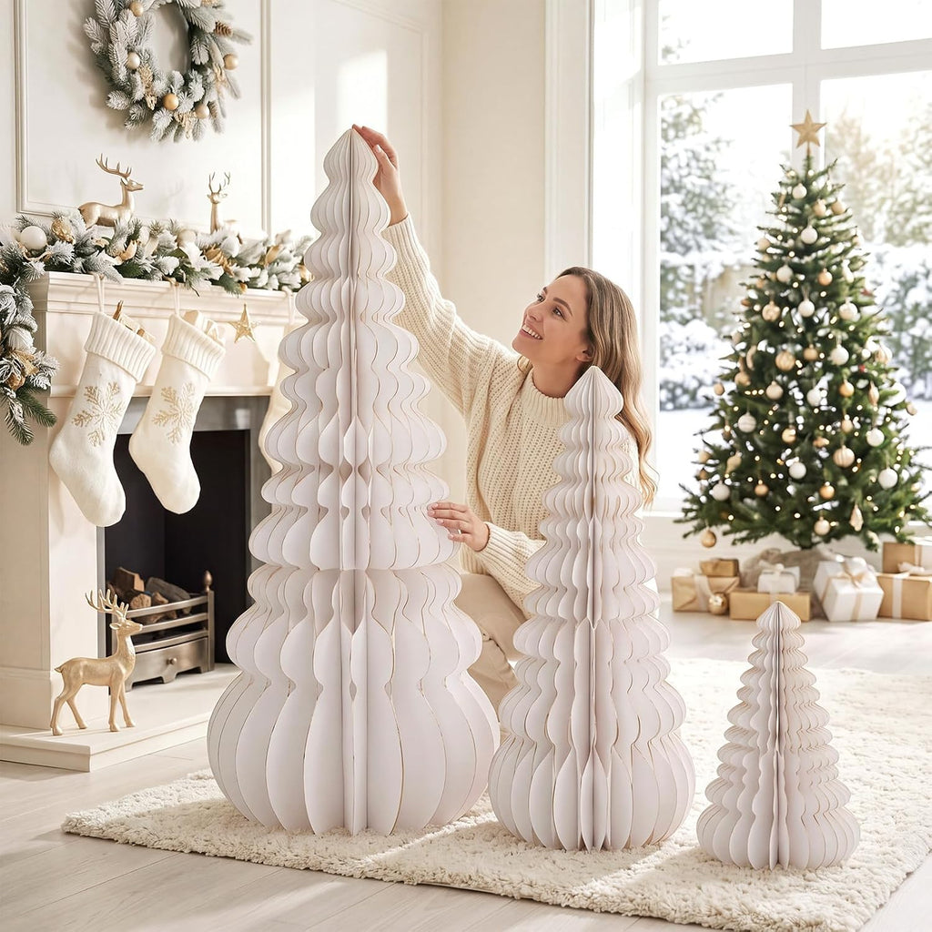 GlikCeil 3 Set Large Honeycomb Paper Christmas Tree Tall, White