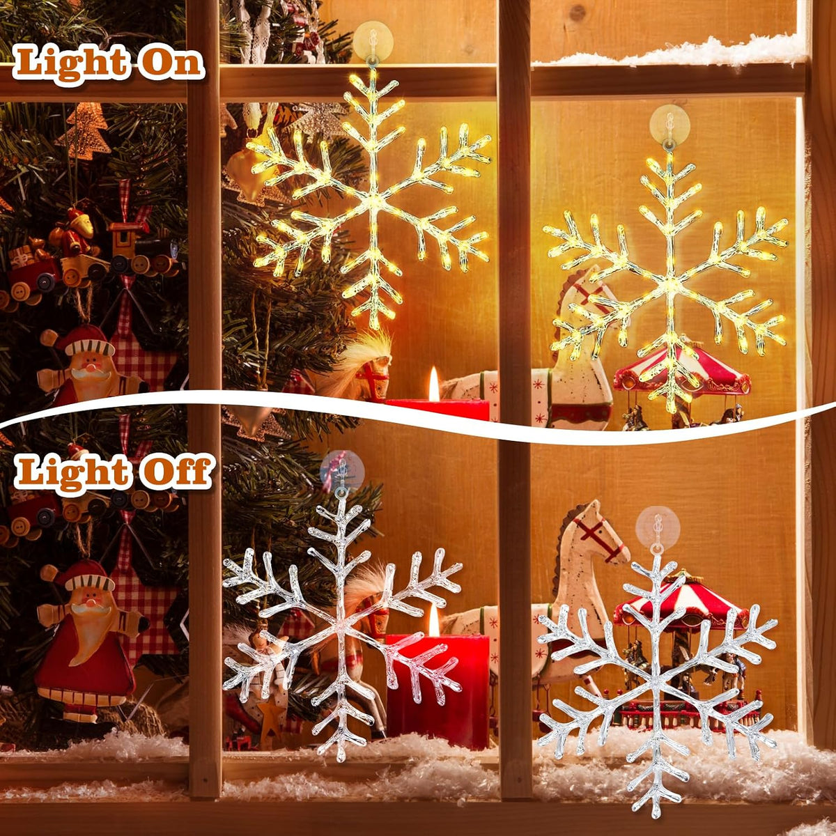christmas window snowflake hanging lights, warm white, 13, close-up detail