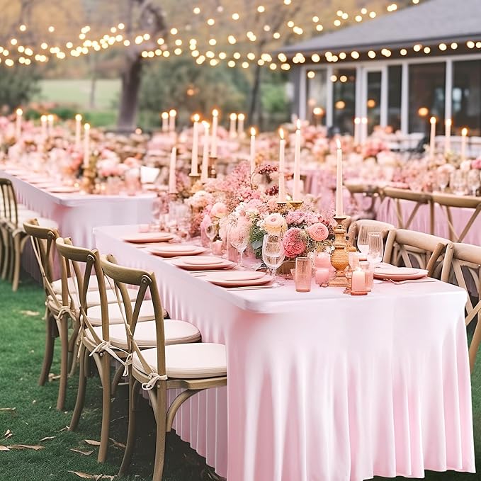 2 Pack Pink Spandex Table Clothes for 8 Foot Rectangle Tables, 8FT Wrinkle Free Fitted Tablecloths Ruffles Design Table Cover for Party, Banquet, Wedding and Events