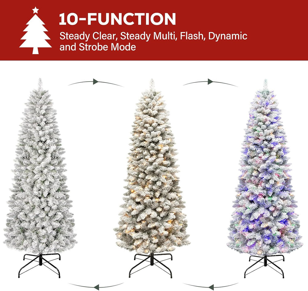 Hykolity 7.5ft Prelit Slim Flocked Christmas Tree with 240 Multicolor LEDs