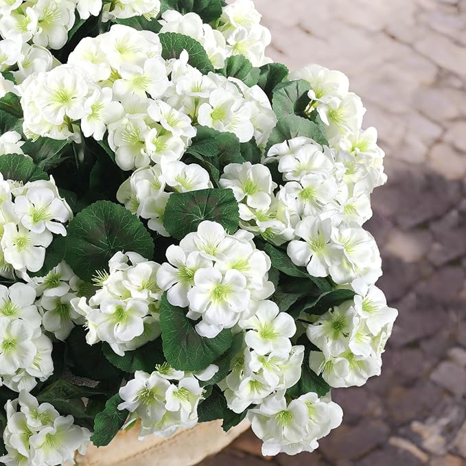 Hananona Artificial Geranium Flowers for Outdoors Geranium Silk Flowers Outdoor UV Resistant Garden Plants Faux Flowers for Home Kitchen Table Centerpieces Decor (12, White) (12 Pcs)