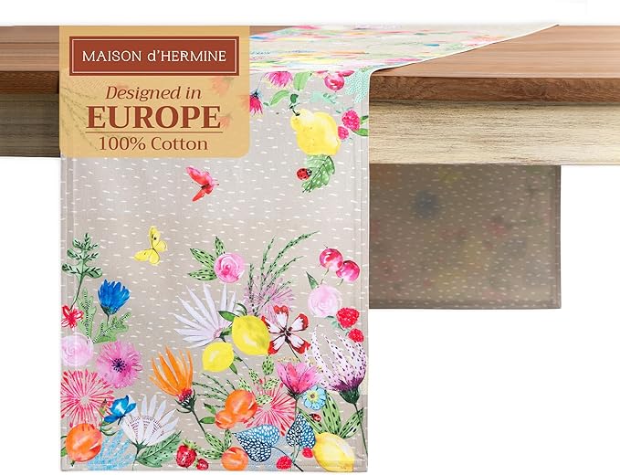 Maison d' Hermine Table Runner 100% Cotton Double Layer Table Runners 72 inches Long Decorative for Home Kitchen Dining Party Wedding Bridal Shower Spring Summer (Jardin D'Ete - Fog, 14.50" x 72")