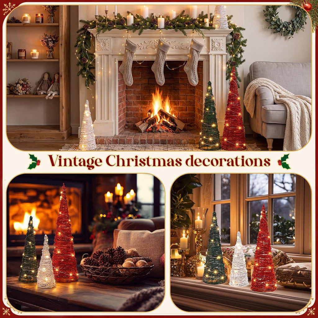 Jenaai 3 Pcs Lighted Christmas Rattan Table Tree Centerpiece, 24/16/12 in