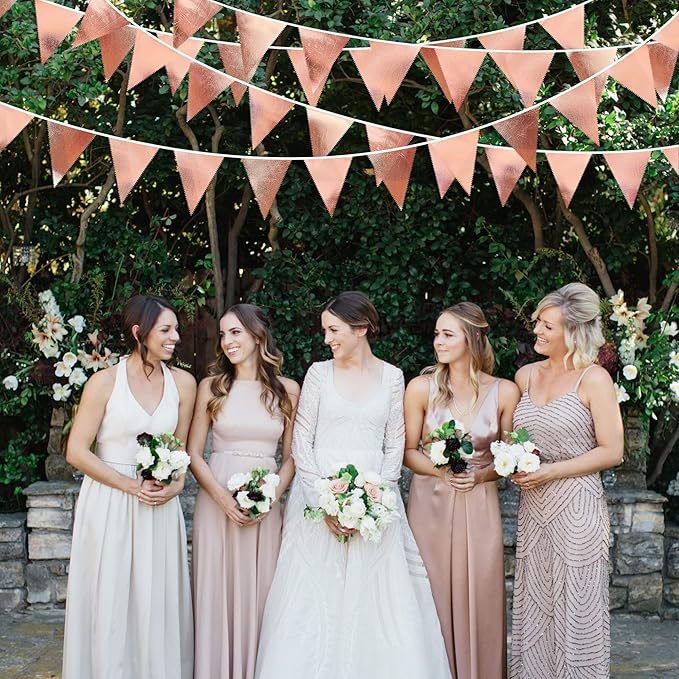 Rose Gold Party Decorations Metallic Fabric Triangle Pennant Banner Blush Pink Flag Bunting Garland for Wedding Birthday Anniversary Bridal Shower Engagement Graduation Hen Party Decorations Supplies