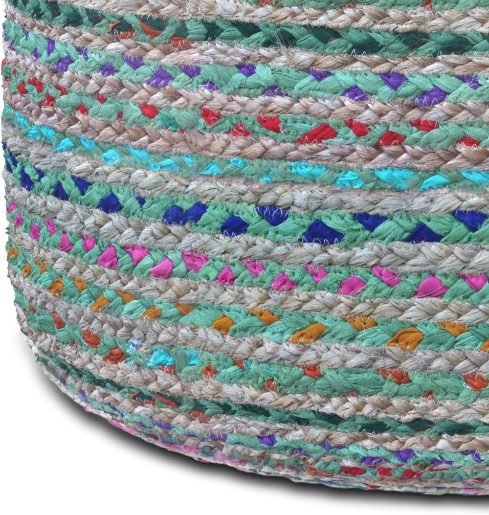 SIMPLIHOME Margo 20" Wide Round Pouf in Multi-Green Jute and Cotton