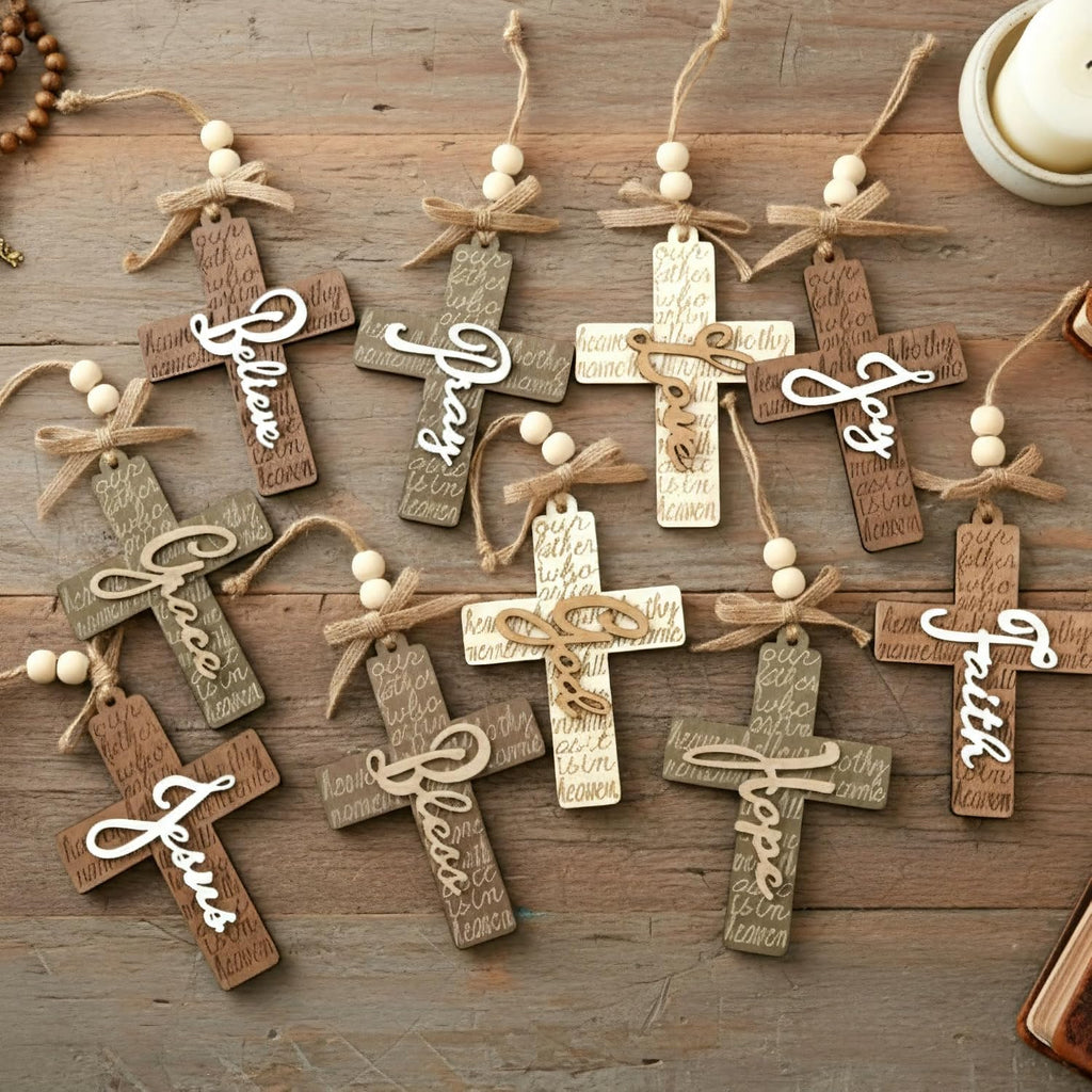 Threehoney 40 Pcs Wooden Cross Ornaments Christmas Tree Religious Decor