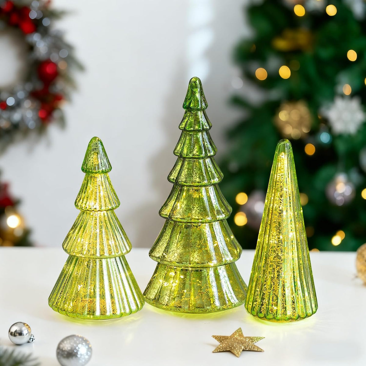 Glasseam Mercury Glass Christmas Tree: Set of 3 Green Christmas Decorations