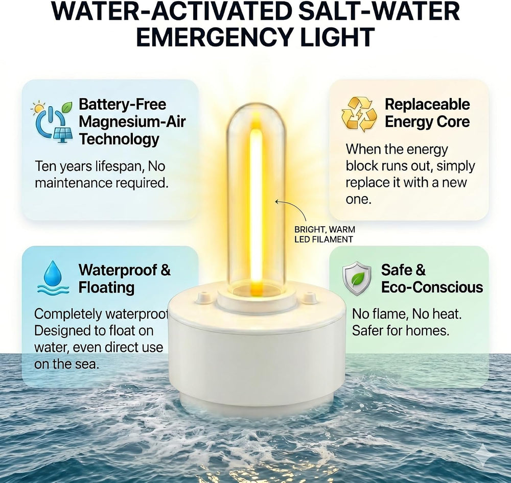 Salt Water Emergency Light, Up to 180 Hours, Battery-Free, Just Add Salt + Water