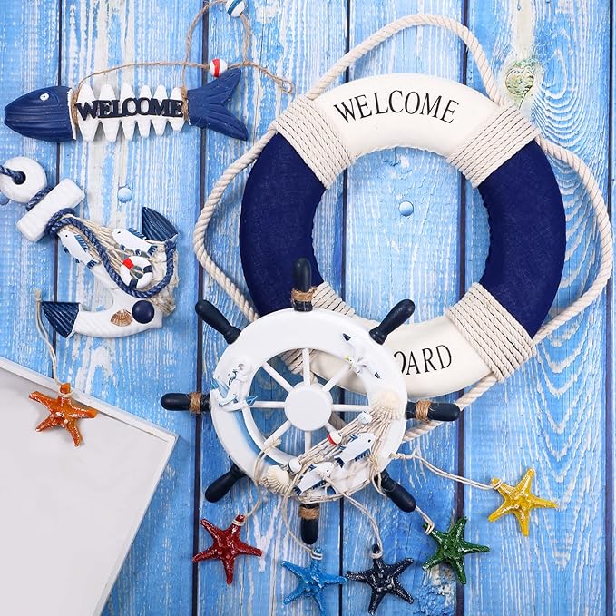Marsui 11 Pcs Wooden Nautical Wall Decor Fishing Net Decorations, Include Decorative Fishing Net, Ship Wheel, Fish Skeleton, Life Ring, Anchor, Starfish Beach Decor for Mediterranean Party (Blue)
