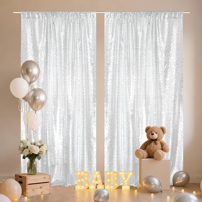 SquarePie Sequin Backdrop Curtain 8FT x 10FT Silver Satin Backing Fabric Photography Background for Wedding Patry 4FT x 10FT 2 Panels (2 PCS)