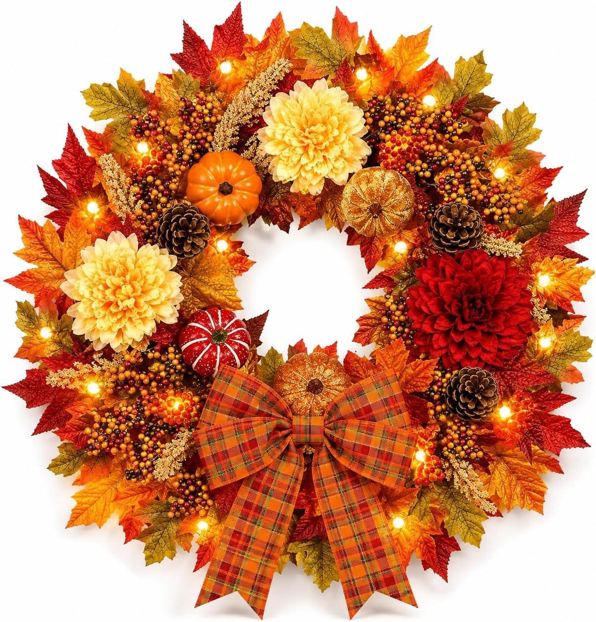 ICX 24 Inch Fall Wreaths for Front Door, Autumn Wreath with Lights and Bows