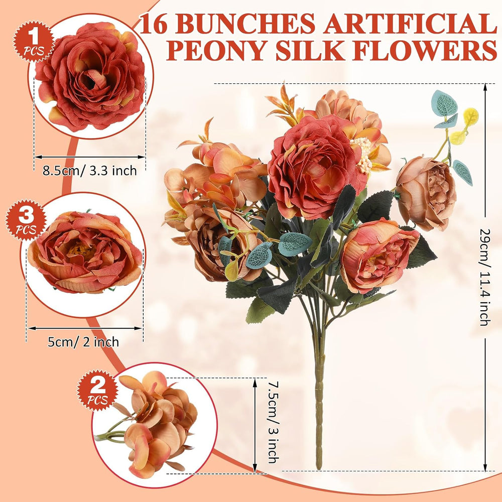 Yunlly 16 Packs Artificial Peony Flowers Silk Bouquet, Orange, Elegant