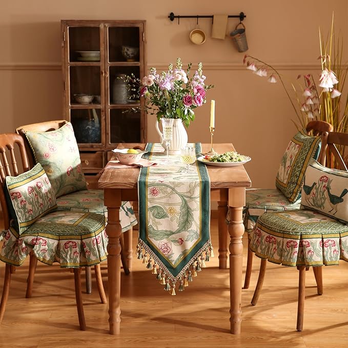 patdrea Designer Green Floral Extra Long Table Runner,French Elegant Vibrant Rustic Linen with Green Leaves Patterns Fabric Table Mat,Decoration for Kitchen Dining Room Banquet Christmas,12"*118"