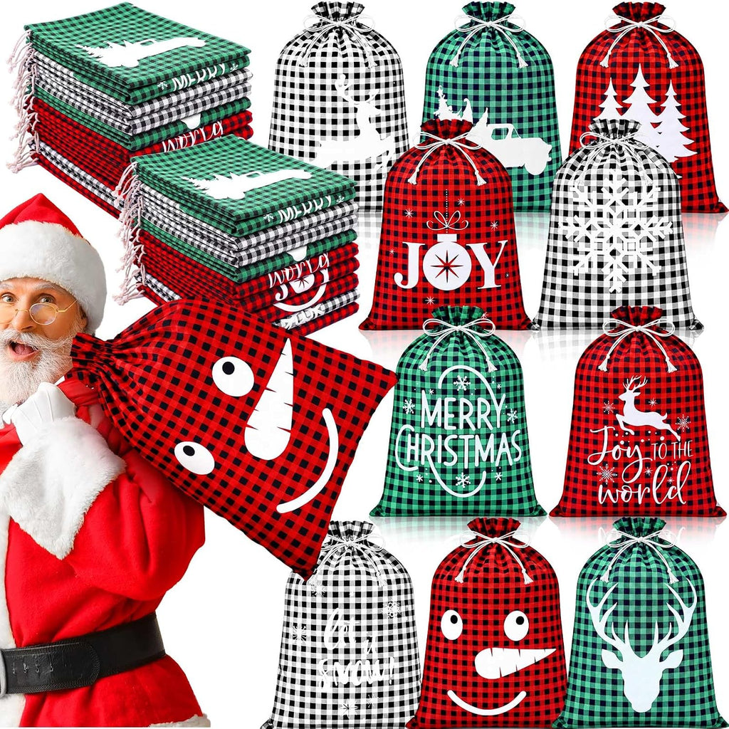 Windyun 16 Pcs Christmas Drawstring Bag Santa Sack Bag Buffalo Plaid 12x16