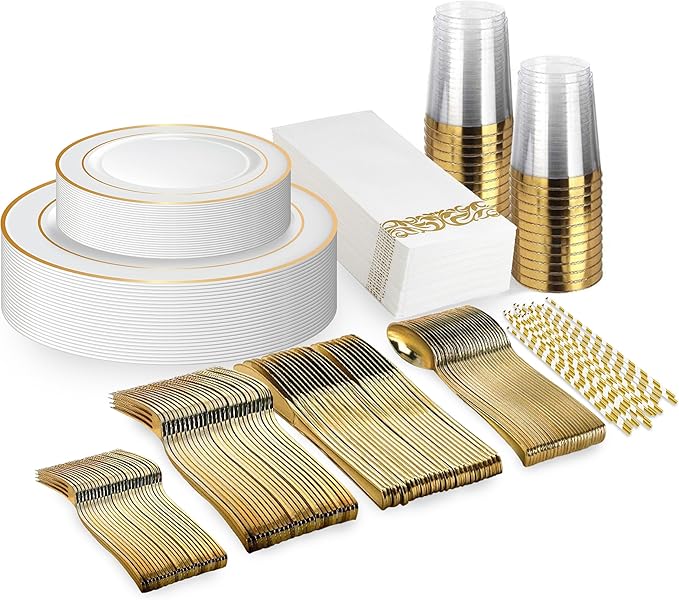 Neatiffy 225 Pcs Gold Rim Plastic Dinnerware Set (25 Guest) | 25 x (Dinner Plate, Dessert Plate, Gold Plastic Silverware, Cup, Napkin, Straw) | For Wedding, Luxurious Party, Special Event