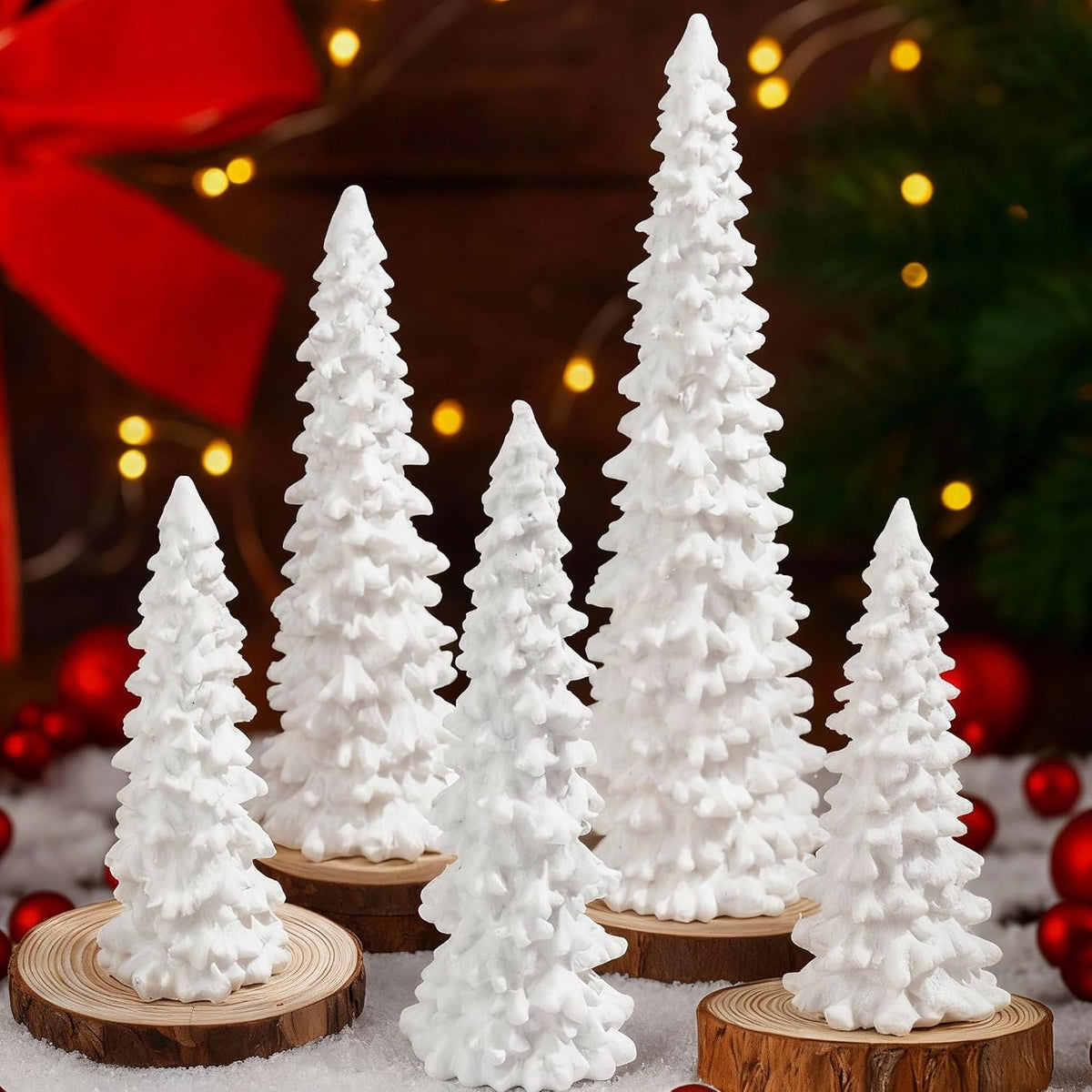 Jetec 5 Pcs Glitter White Resin Christmas Tree Figurines Tabletop Decor