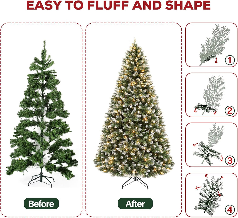 Hykolity 7.5 ft Flocked Christmas Tree, 350 Warm White LED Lights, Artificial...