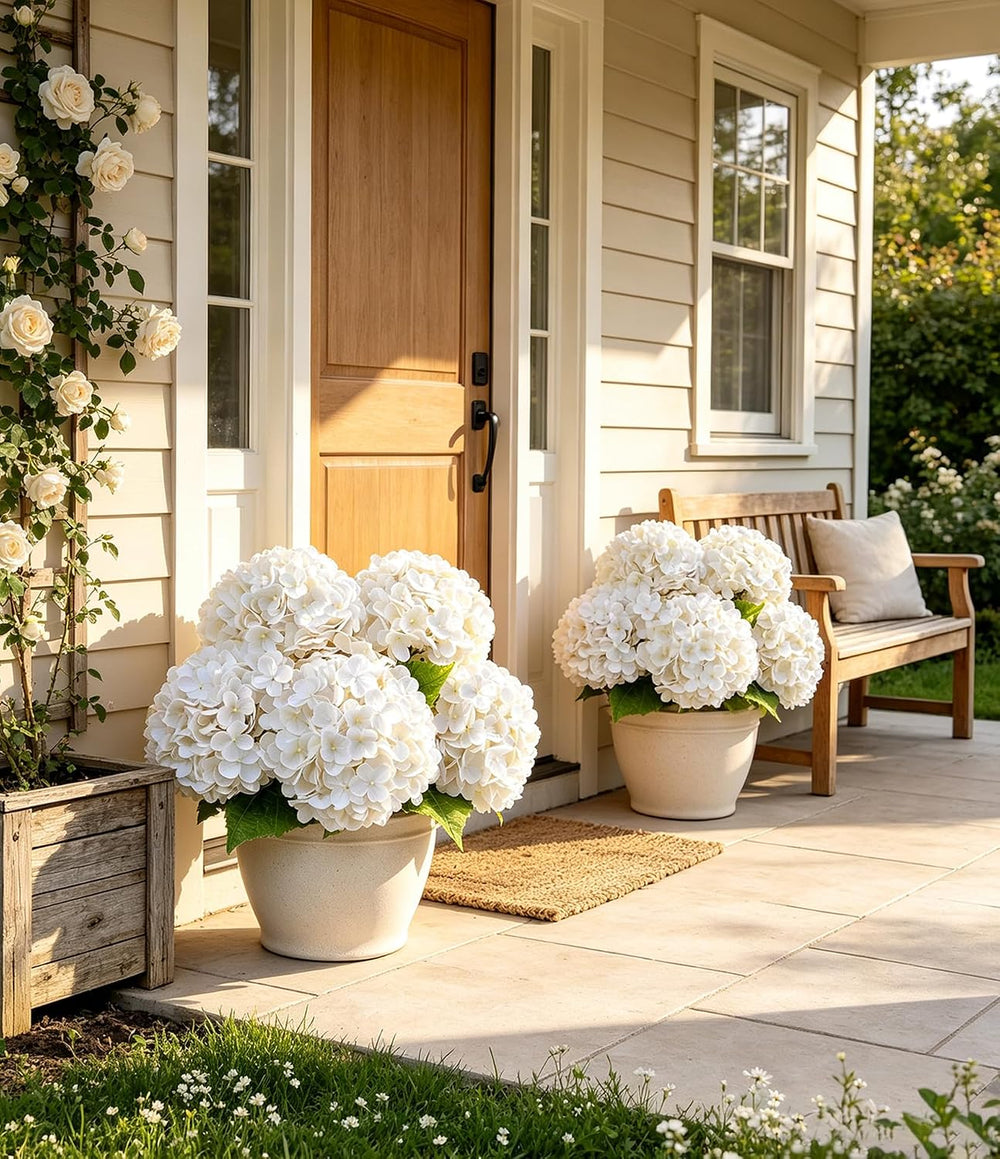 5Pcs White Faux Hydrangeas Artificial Flowers with Stems & Leaves