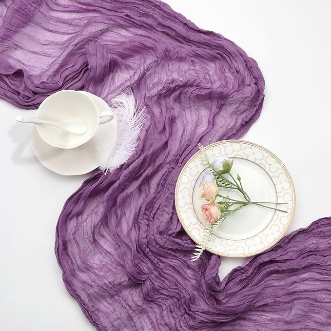 12 Pack Purple Cheesecloth Table Runner 10ft Boho Gauze Fabric Cheese Cloth Table Runner 35 x 120 Inch Rustic Sheer Runner for Romantic Wedding Decor Baby Shower Party Table Centerpiece Decoration