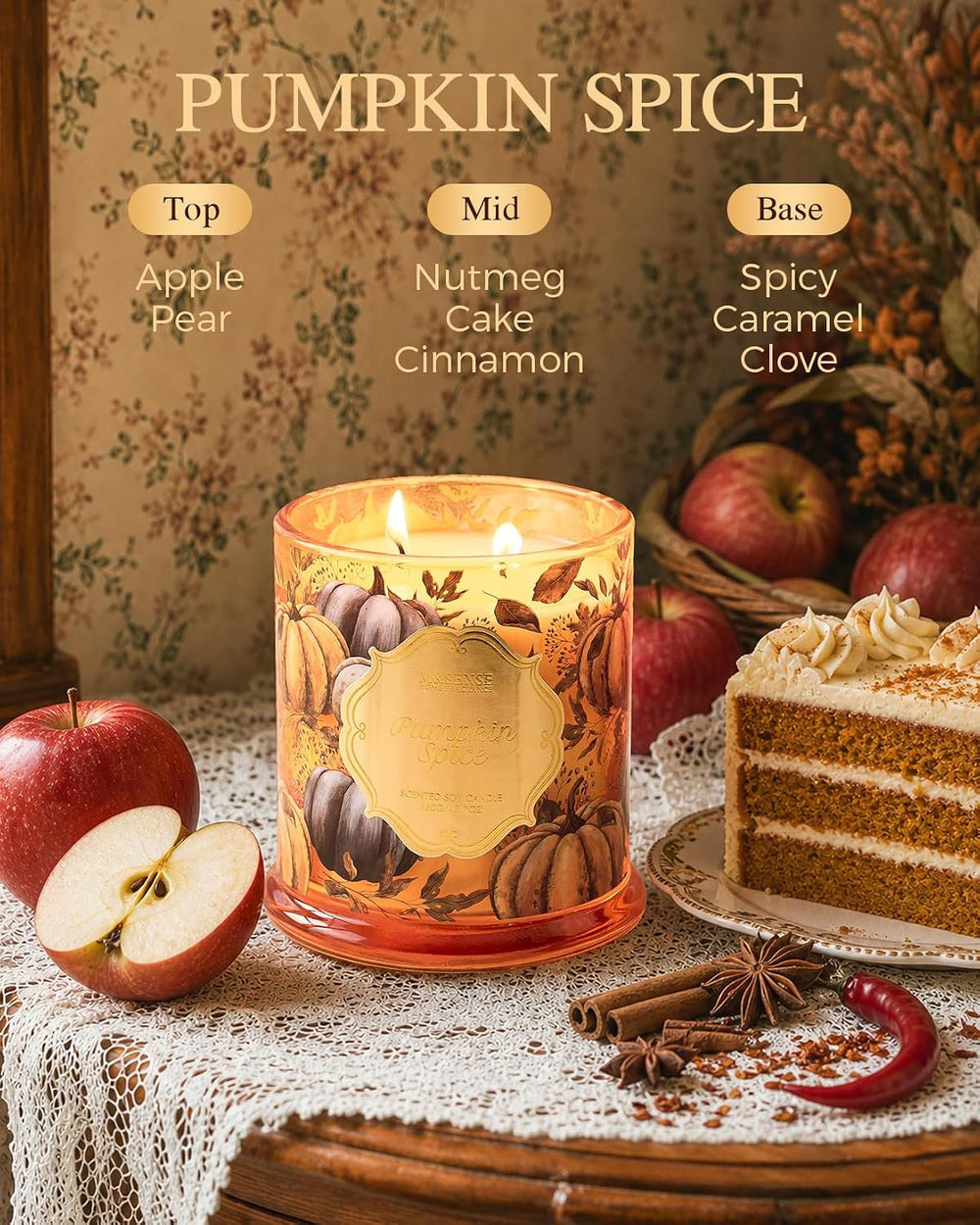 M&SENSE Pumpkin Spice Non Toxic Large Soy Candle, 12.7oz Harvest Scent