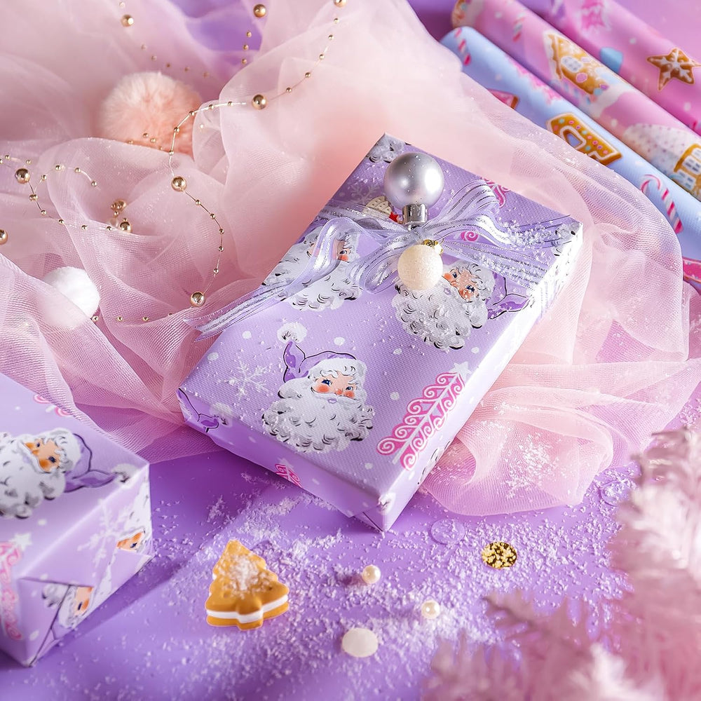 WRAPAHOLIC Christmas Wrapping Paper Set - Pastel Pink Purple Gingerbread Hous...