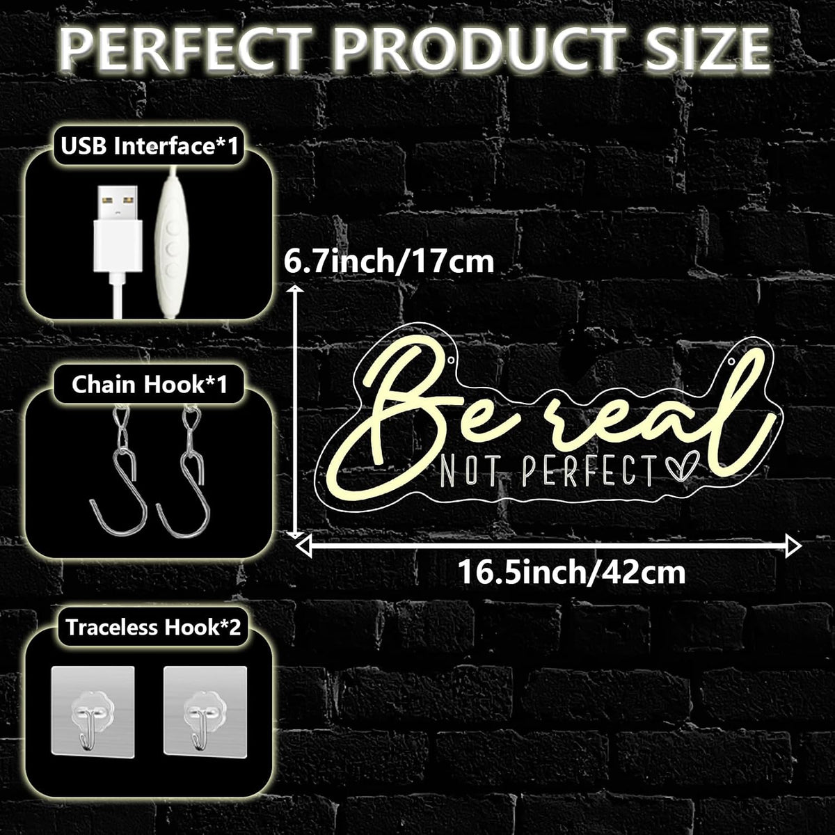 Be Real Not Perfect Neon Sign for Wall Decor,Warm White LED Signs for Living Room Bedroom House Club Party,Be Real Not Perfect Dimmable Neon Light Gifts for Women Men USB Powered（16.5"*6.7"）