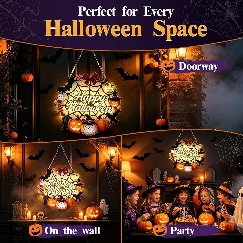 Happy Halloween Acrylic Hanging Sign for Front Door (Pumpkin Spider Light)