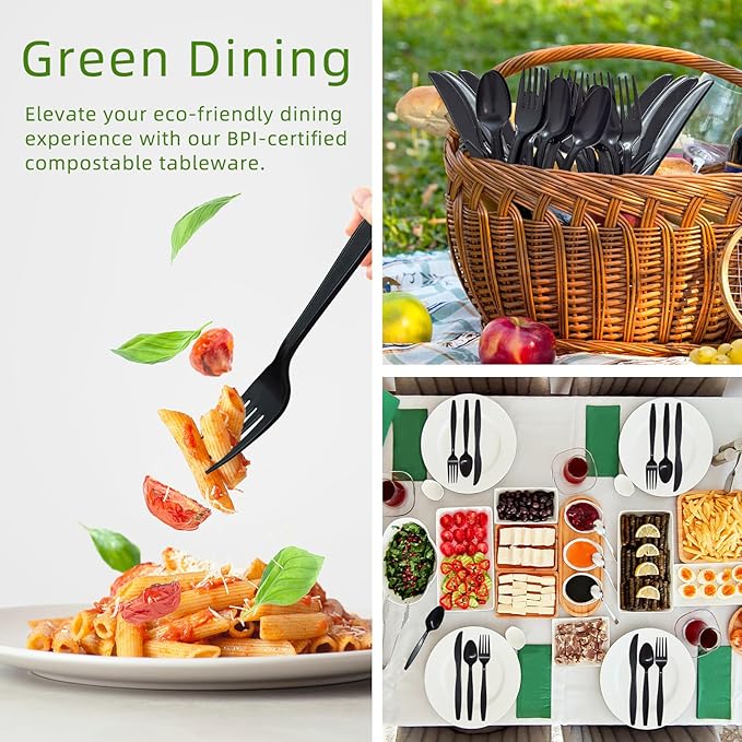 Black Compostable Silverware, 300 Count Compostable Utensils, Plastic 120 Forks 120 Spoons 60 Knives,Non Plastic Utensil, Eco Friendly Disposable Silverware for Party Office Wedding