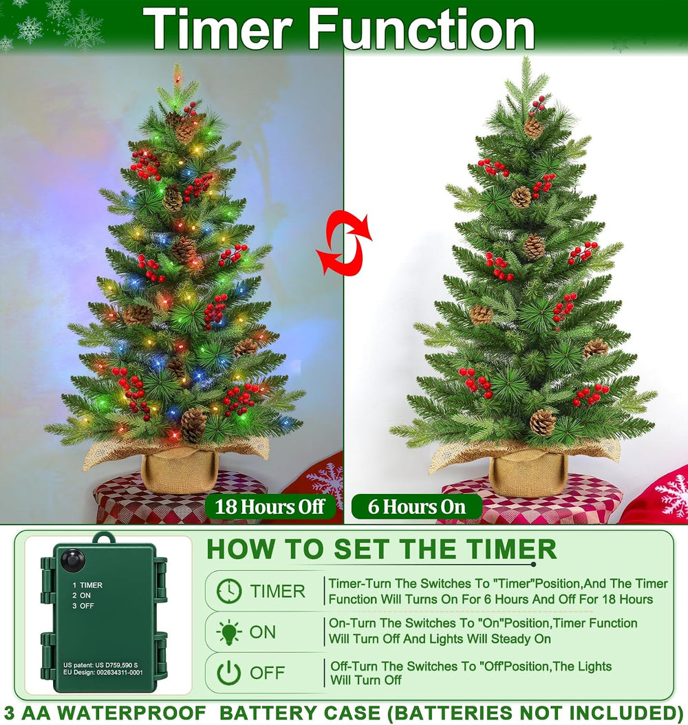 3ft Artificial Small Christmas Tree with Colorful Lights Timer