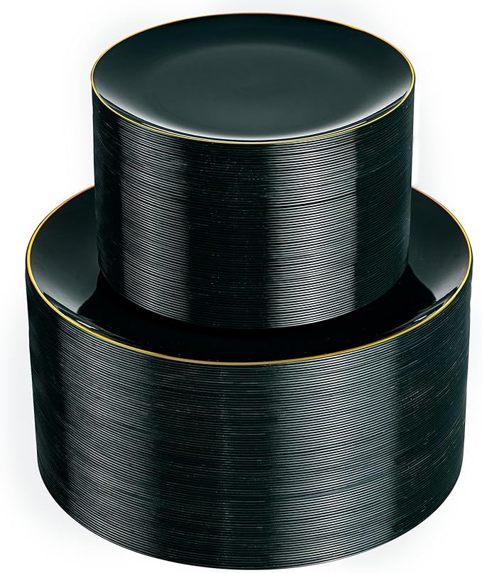 bUCLA 100PCS Green Plastic Plates - Heavy Duty Green Disposable with Gold Rim Include 50 Dinner 10 inch & 50 Dessert 7 inch Plates, Ideal for Party & Christmas