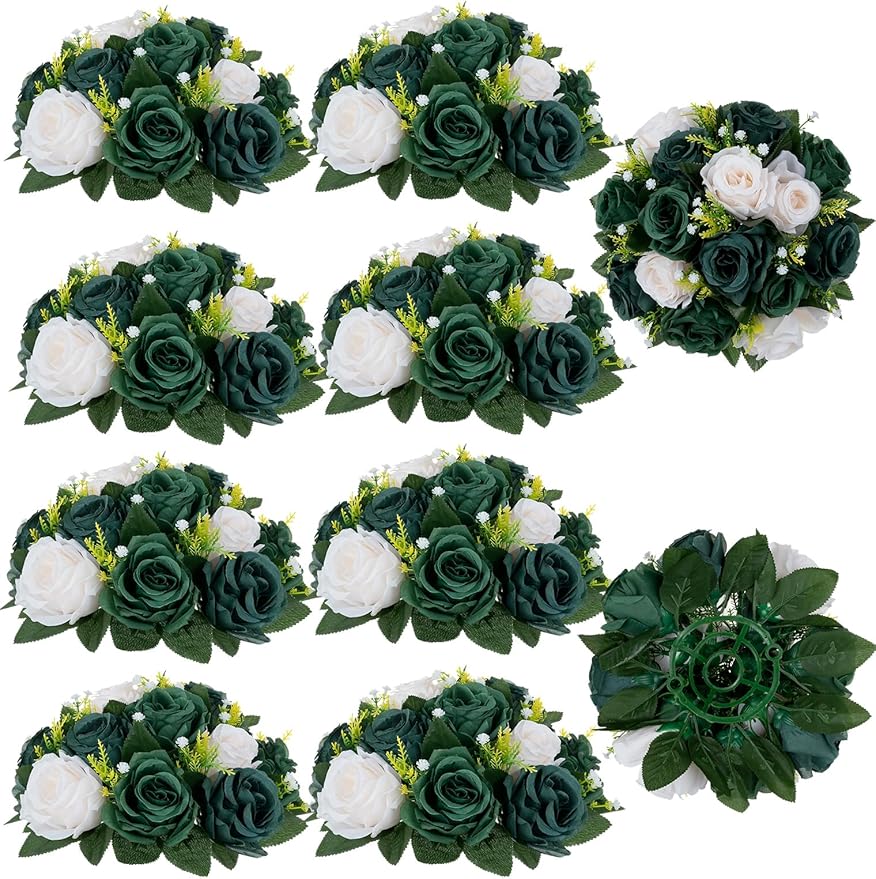 BLOSMON Green Flowers Artificial for Weddings: 10 Pcs Fake Rose Flower Balls for Table Decorations - Fake Silk Kissing Bouquet Floral Arrangement for Home Party Event Decoration