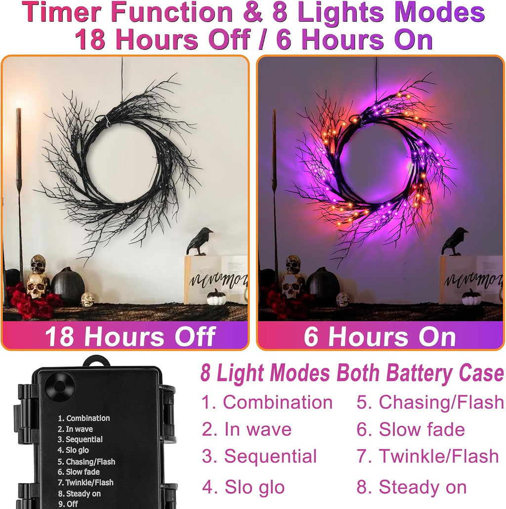 9 FT 72 LED Willow Vine Twig Decor Black Halloween Garland with Orange Purple Lights, Timer 8 Modes Waterproof Battery Operated Indoor Halloween Decorations for Wall Fireplace Mantle Home Office Decor