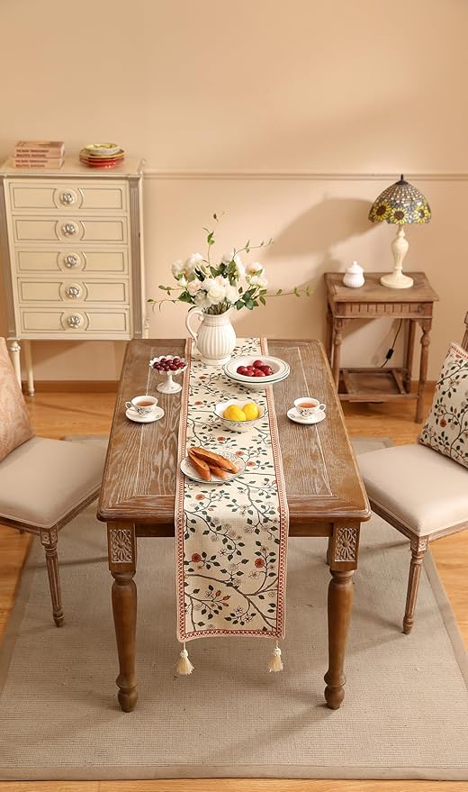 ISAENNE Designer Elegant Linen Floral Table Runner 71 Inches Long,Farmhouse Light Beige Durable Decor Table Runners for Dining Tables,Thanksgiving,Kitchen Tables,Christmas,12"*71"-Flora A