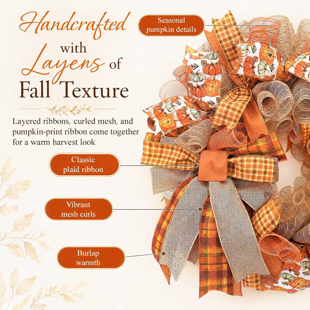 24 Inch Fall Wreaths for Front Door, Pumpkin Wreath