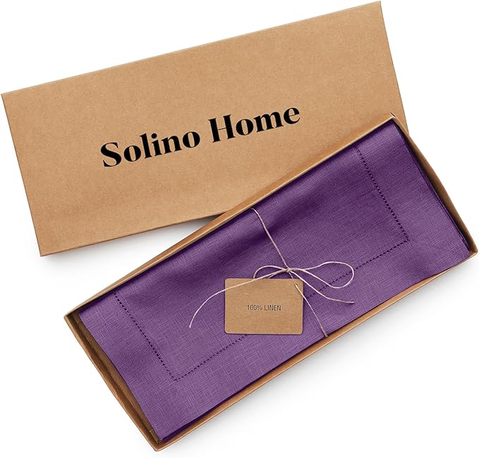 Solino Home Linen Purple Table Runner 132 Inches Long - 100% Pure Linen Extra Long Table Runner 14 x 132 Inch for Fall, Autumn, Halloween, Thanksgiving - Classic Hemstitch