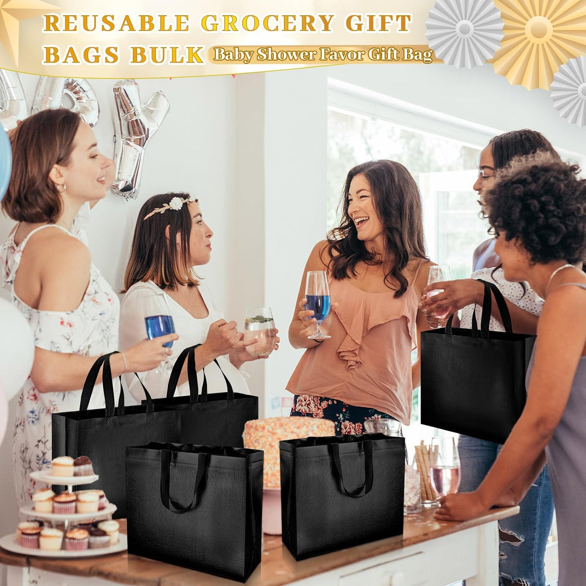 epakh 48 pcs black reusable gift bag with showing dimensions