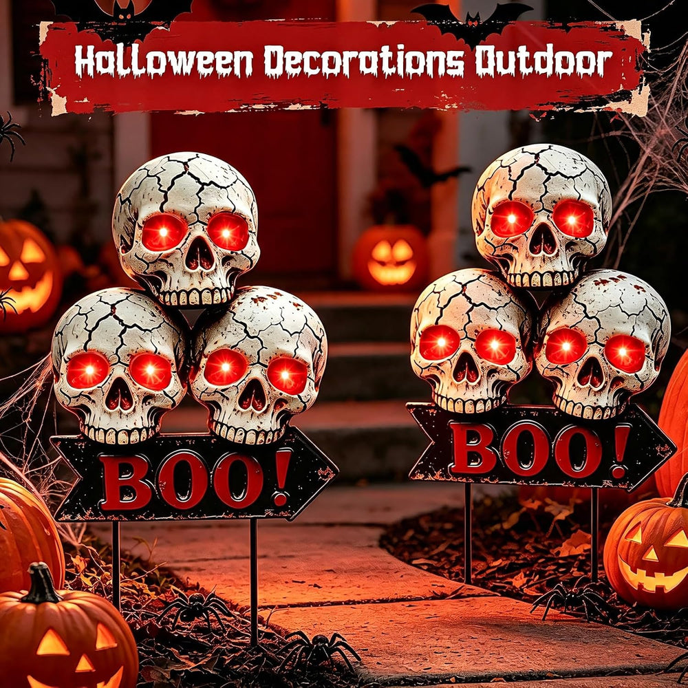 Halloween Decorations Outdoor, 2 Pack Solar Red Scary Skull Lights