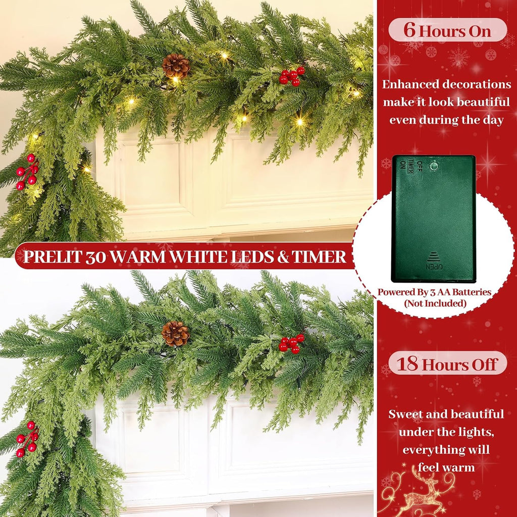 Timer 6 Ft by 12 in Lighted Christmas Garland Real Touch Cedar Garland