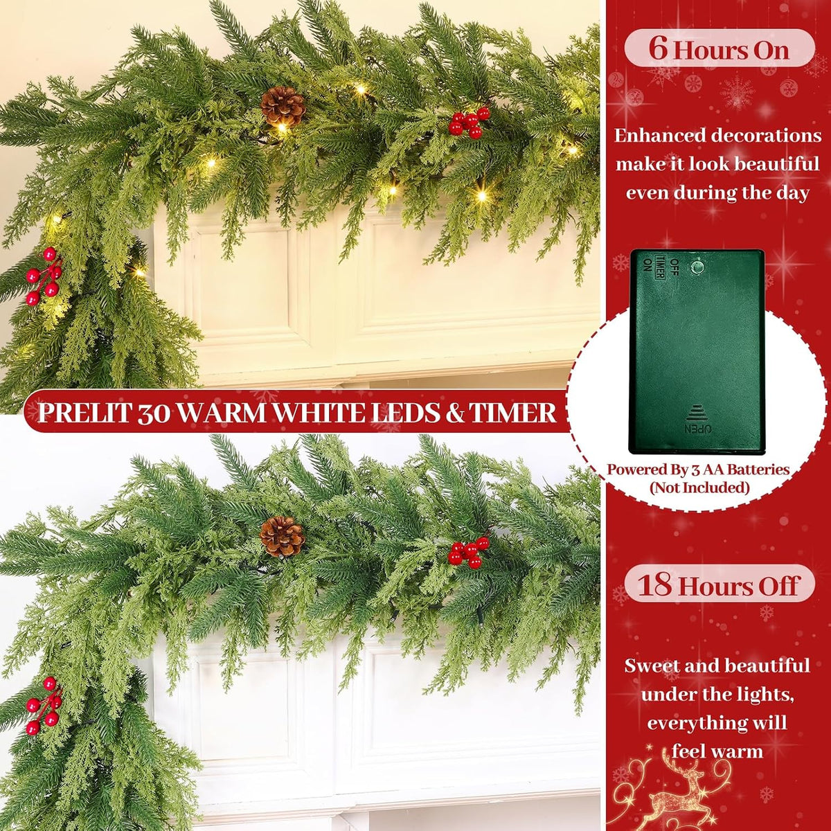 Timer 6 Ft by 12 in Lighted Christmas Garland Real Touch Cedar Garland