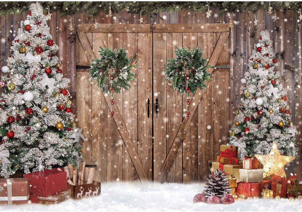 10x8ft Christmas Winter Wood Barn Door Photography Backdrop