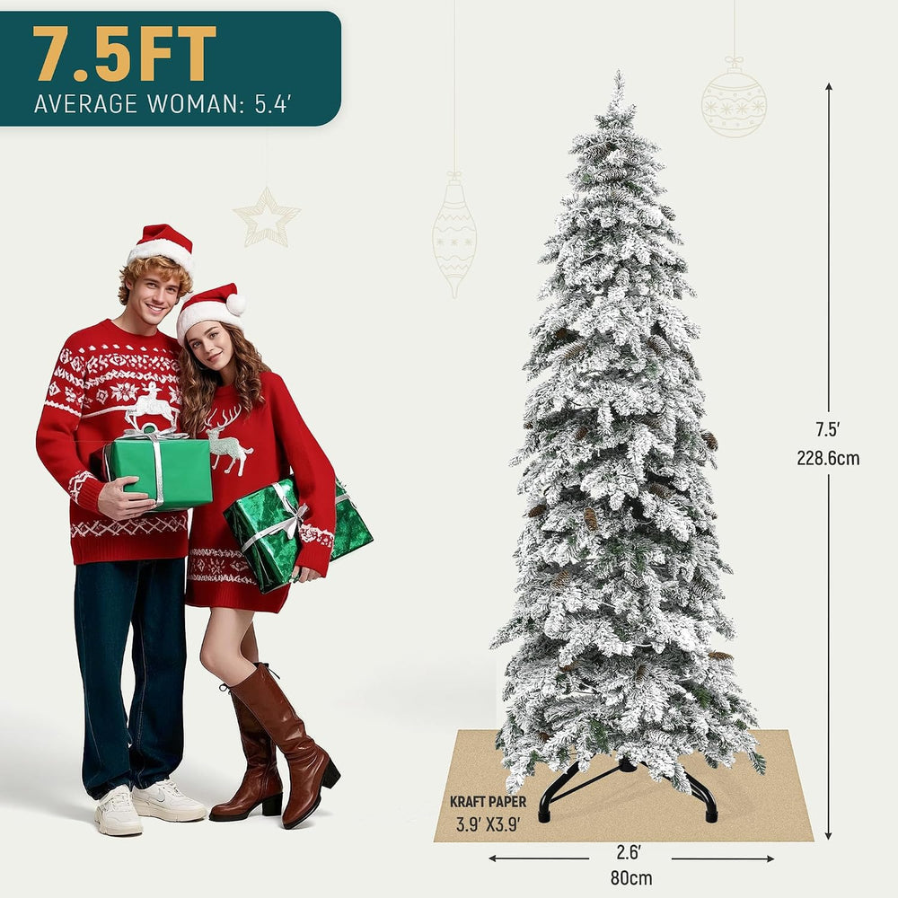 YITAHOME 7.5ft Prelit Flocked Drooping Pencil Christmas Tree with Pine Cone