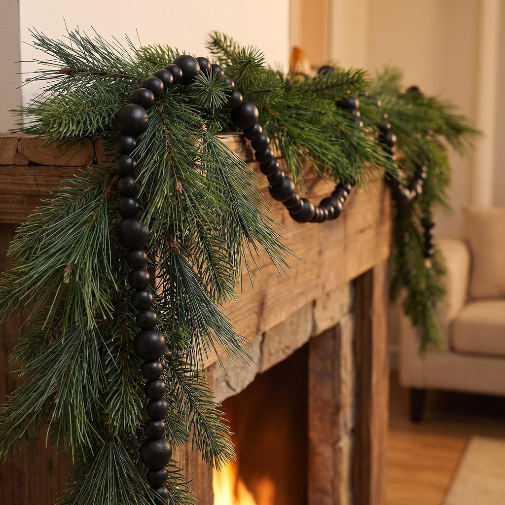48Ft Christmas Wood Bead Garland Rustic Holiday Decor for Tree (Black)