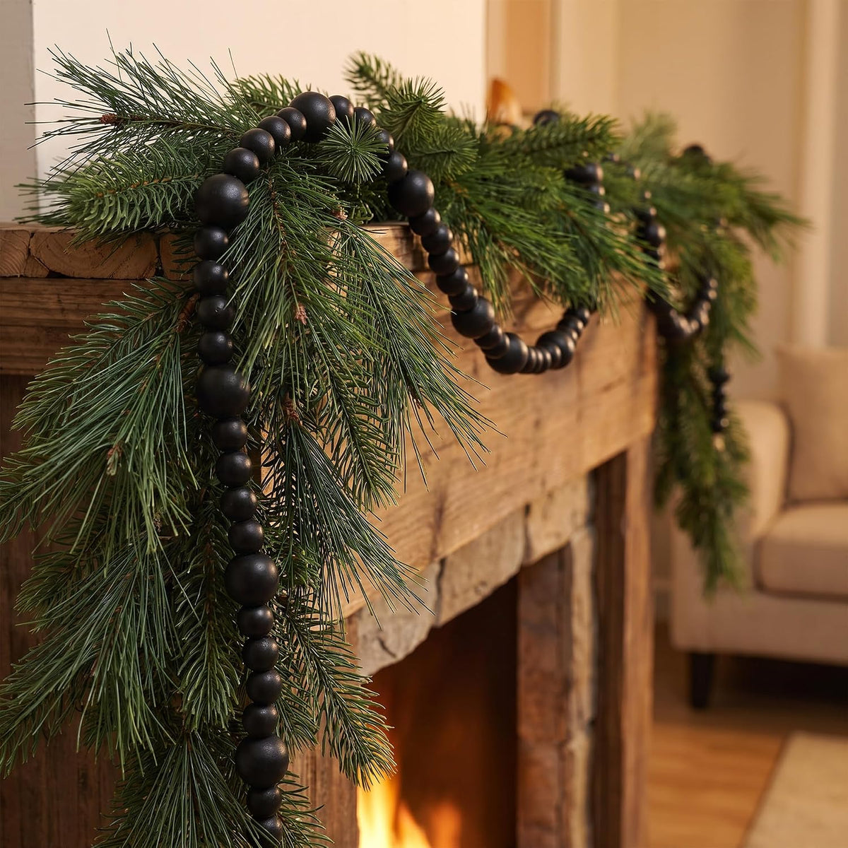 48Ft Christmas Wood Bead Garland Rustic Holiday Decor for Tree (Black)
