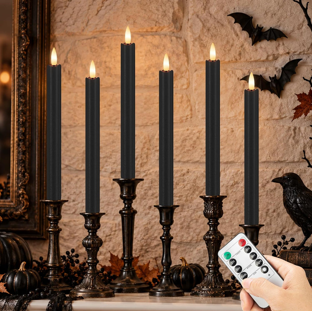 Black Flameless Taper Candles with Remote and Timer, Real Wax, 6 Pack