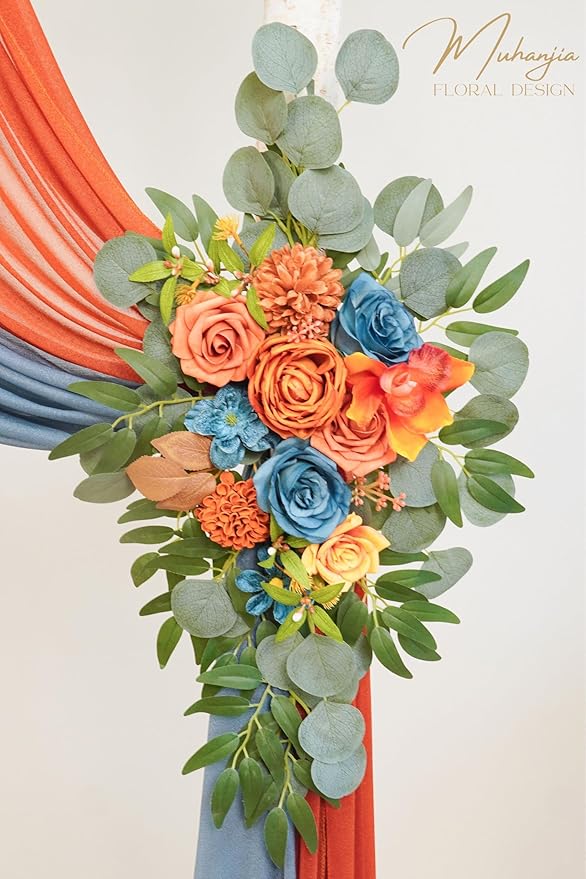 Artificial Wedding Arch Flowers Kit(Pack of 4),2Pcs Artificial Flower Arch Decor, 2Pcs Chiffon Fabric Drapes, Ceremony Decoration, Floral Outdoor Party Decor (Burnt Orange & Dark Teal)