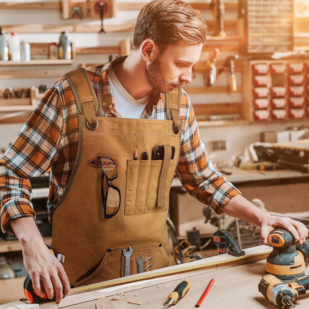 Woodworking Apron for Men, 20 oz Shop Apron Bib Work Apron 9 Tool Pockets
