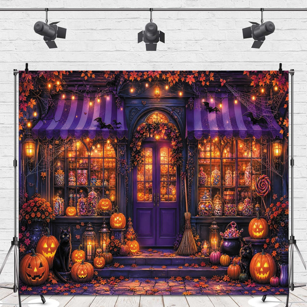 10x8ft Halloween Candy Shop Photography Backdrop Magic Witch Pumpkin Banner